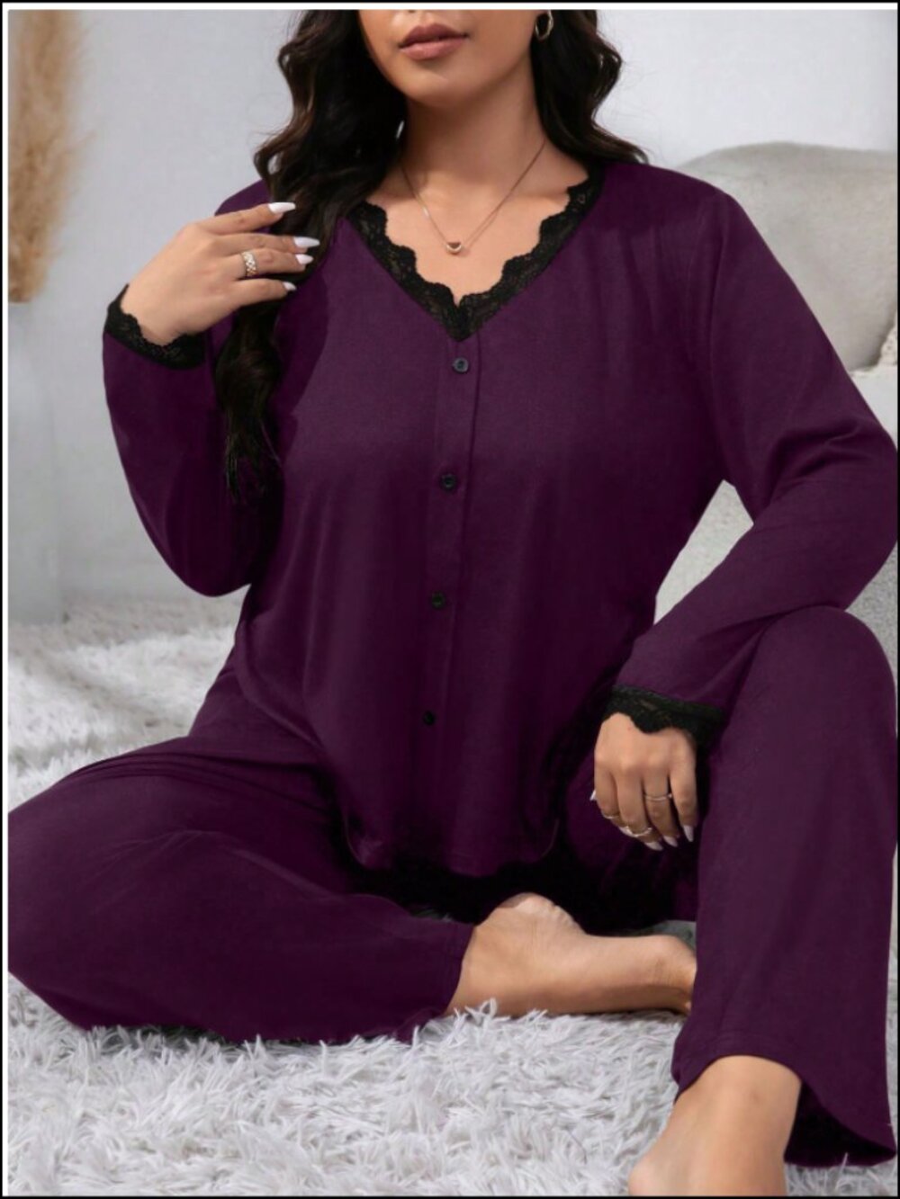 Plus Size Lace Spliced Pajama Set With Scalloped Shell Edge Cozy And Elegant Det